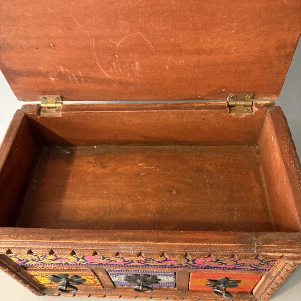 Vintage  Carved Wooden Spice Storage Jewelry Box Chest Indian Hippie Boho Heavy